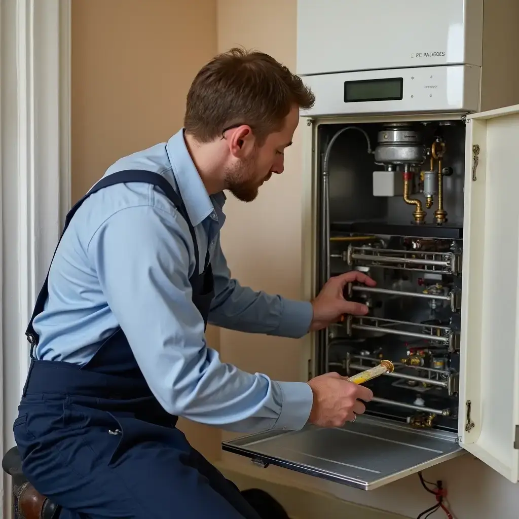 A professional engineer inspecting a gas boiler in a residential property for a landlord Gas Safety Certificate.