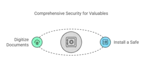  Image for a home safety check showing how to secure valuables, including digitizing documents with a cloud icon and installing a safe, connected by dotted lines.