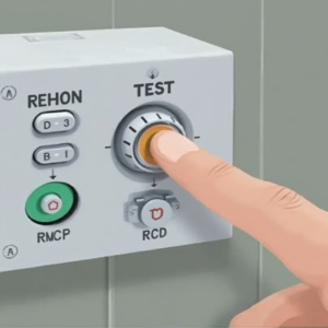Image of an RCD being tested as part of a home electrical safety check, showing a finger pressing the "TEST" button on a white control panel with labels "REHON," "RMCP," and "RCD."
