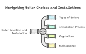Diagram illustrating the key aspects of boiler installation in the UK, including boiler types, selection process, installation procedures, UK regulations, and maintenance. Keyword: boiler installation UK.