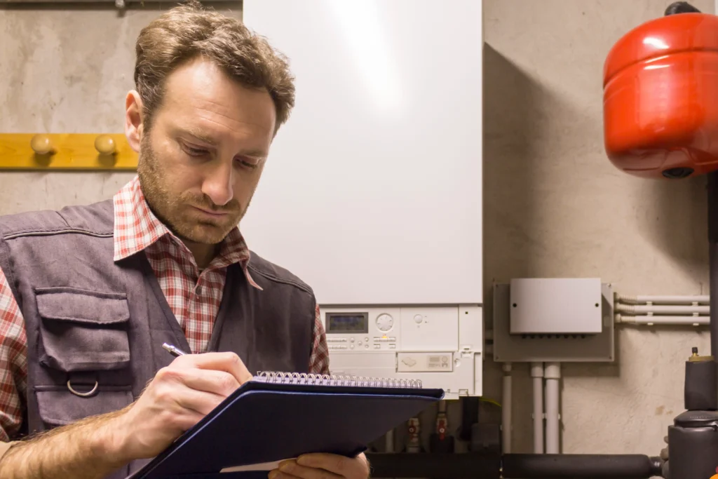 plumber writing clipboard while inspecting heating system 2