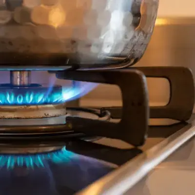 Diagram showing ventilation requirements for gas appliances. Flueless appliances (blue) require ventilated rooms but no external flue, while flued appliances (red) require built-in ducts or chimneys for external ventilation