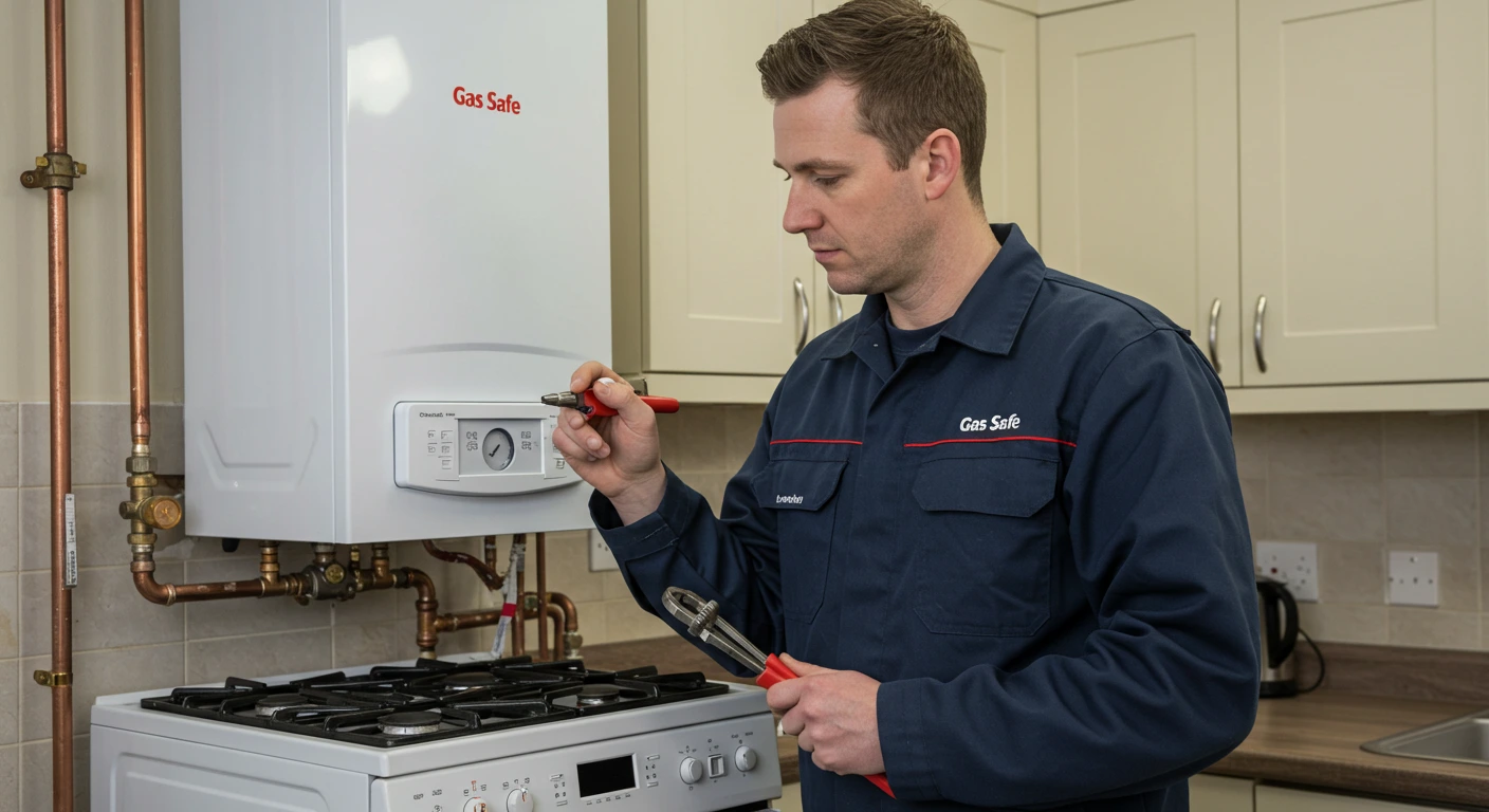 A Gas Safe registered engineer wearing a navy blue uniform is inspecting a boiler in a kitchen. He is holding a wrench and screwdriver, carefully checking the settings and ensuring compliance with gas safety regulations. The boiler is mounted above a gas stove, with visible copper pipes connecting the system. The background features a clean and modern kitchen setup, reinforcing professionalism and safety compliance.