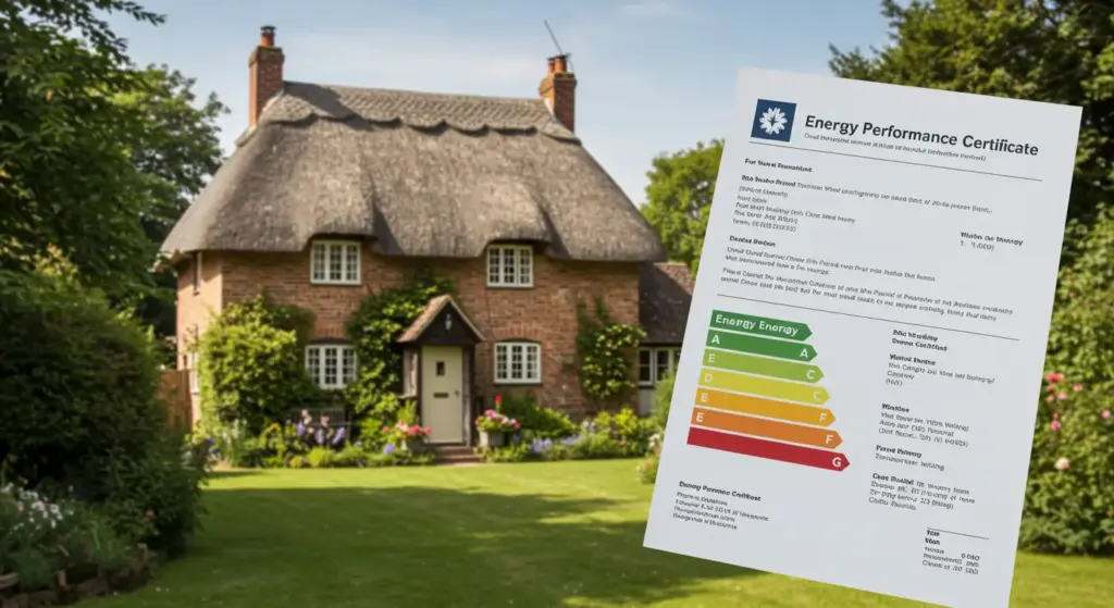 A document labeled "Energy Performance Certificate" with a house in the background.