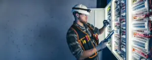 Certified electrician performing electrical inspection and testing on a modern circuit panel in a commercial building