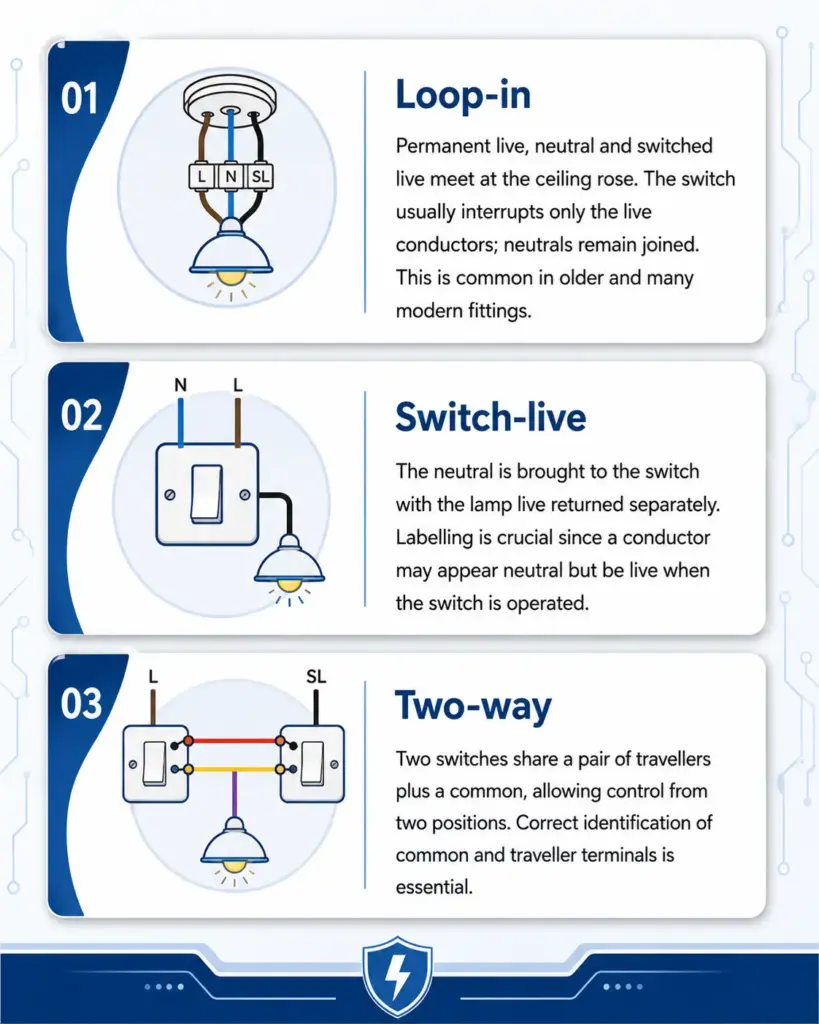 Common Wiring Setups (Loop‑In, Switch‑Live, Two‑Way)